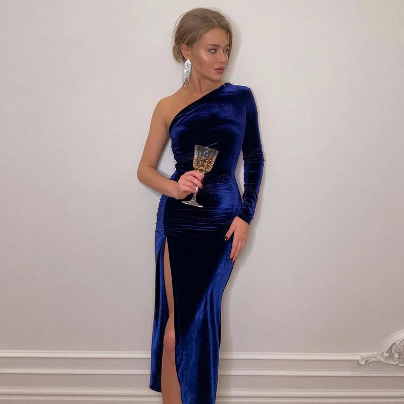 Evening Luxe Velvet Dress - Asymmetrical Cut
