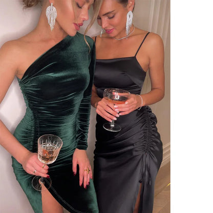 Evening Luxe Velvet Dress - Asymmetrical Cut