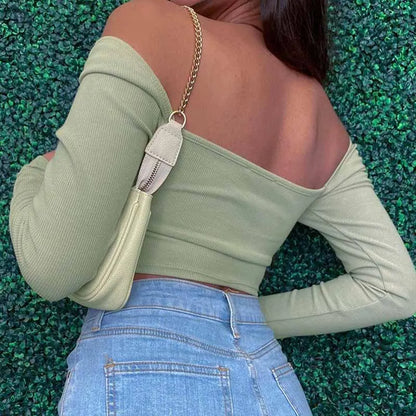 Backless Ribbed Long Sleeve Crop Top